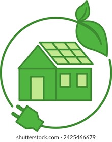 Green Ecohouse Icon. Vector Icon of a Private House with Solar Panels and Leaves. Ecology and Environmental Protection Concept