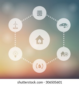 Green ecologic house, energy saving technologies, transparent icons, vector illustration, eps10, easy to edit