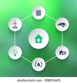Green ecologic house, energy saving technologies, icons on 3d shapes, vector illustration, eps10, easy to edit