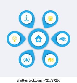 Green ecologic house, energy saving modern technologies, infographics elements, icons, vector illustration
