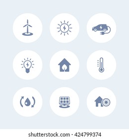 Green ecologic house, energy saving technologies, icons isolated on white, vector illustration