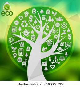Green ecological abstract background with nature icons tree shape and modern unfocused and polygonal textures. EPS10
