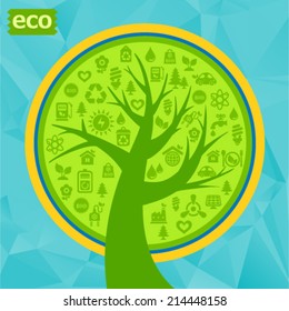 Green ecological abstract background with nature icons tree shape and modern unfocused and polygonal textures. EPS10