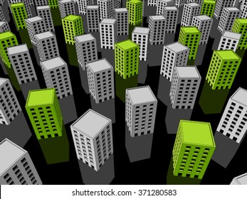 green ecological apartment houses or office buildings standing out from others