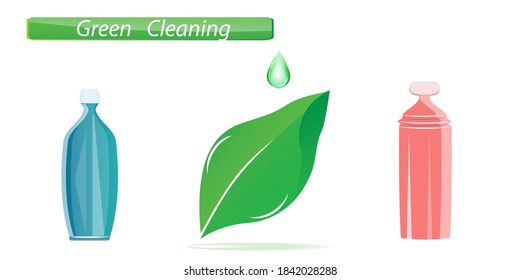 Green ecological cleaning - original sheet, bottles - vector. Eco natural cleaning products. Zero waste lifestyle
