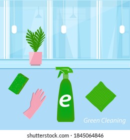 Green ecological cleaning in a room with a large window - vector. Eco natural cleaning products. Zero waste lifestyle.