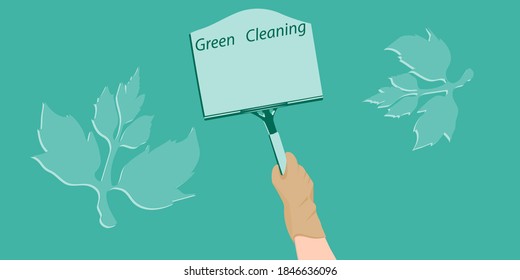 Limpieza ecológica verde. Carrera en mano en un guante de goma - vector. Productos ecológicos de limpieza. Estilo de vida de basura cero.