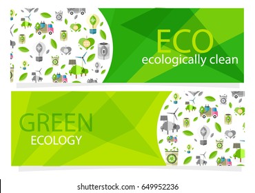 Green ecological equipment collection for human usage. Vector colorful poster with transport and other things that are safe for nature