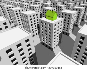 green ecological house built on the top of block of flats, surrounded by many grey blocks of flats