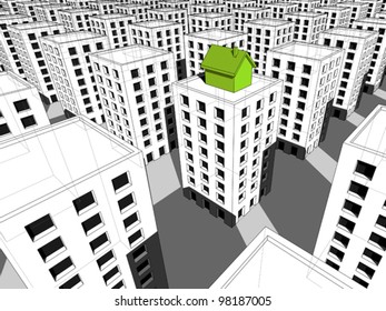 green "ecological" house built on the top of block of flats,  surrounded by many grey blocks of flats