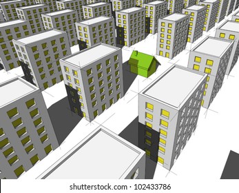 green "ecological" house surrounded by many blocks of flats