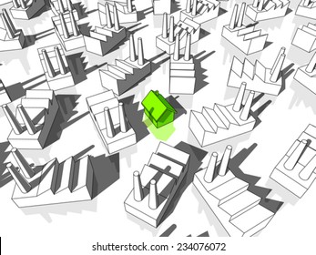 green ecological house surrounded by many factories 