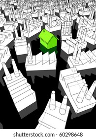 green ecological house surrounded by many factories