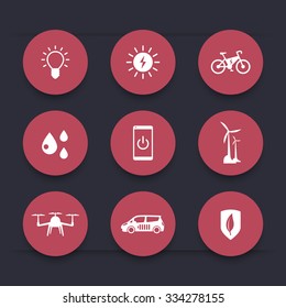 Green ecological modern technologies, round red icons, vector illustration