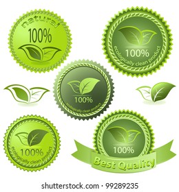 Etiquetas vectoriales ecológicas verdes aisladas en fondo blanco.