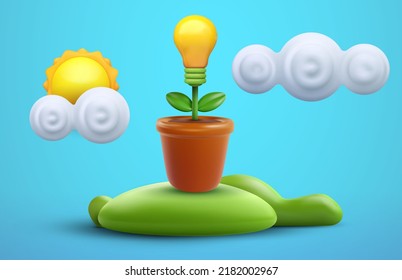 Green ecology alternative energy concept design. Bulb in pot on green podium. Creative abstract compostion in 3d realistic minimal style. Cartoon modern vector illustration.