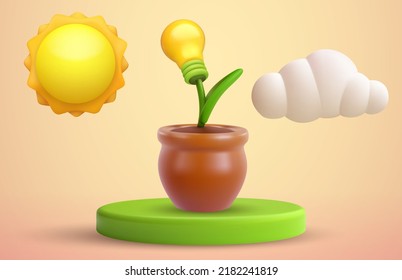 Grüne Ökologie alternative Energiekonzepte Design. Bulb in Topf auf grünem Podium. Kreative abstrakte Komposition im 3d-Minimalstil. Cartoon moderne Vektorgrafik.