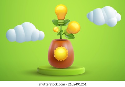 Green ecology alternative energy concept design. Bulb in pot on green podium. Creative abstract compostion in 3d realistic minimal style. Cartoon modern vector illustration.