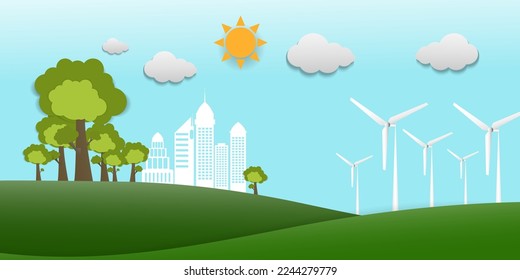 Green ecology and alternative renewable energy.Paper art Vector illustration.ESG  environmental social  Concept
 
