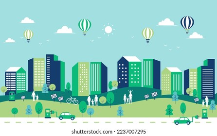 green ecology building cityscape background. solar panels renewable energy. sustainable and nature friendly. save the world concept. family, home and balloon environment. vector illustration.