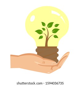 Green ecology bulb in hand, flat style vector icon. Vector illustration