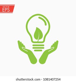 Green ecology bulb on hand. Light bulb in hand. Ecology bulp lamp with leaf logo. Energy saving lamp symbol. Eco friendly concept for company logo. Eco world, green leaf, energy saving lamp symbol