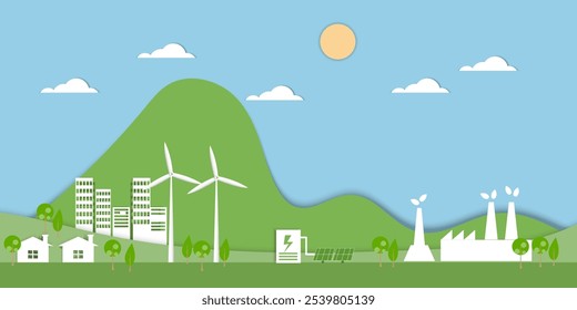 Green ecology city and alternative renewable energy.Paper art Vector illustration. ESG  environmental social  Concept
 
