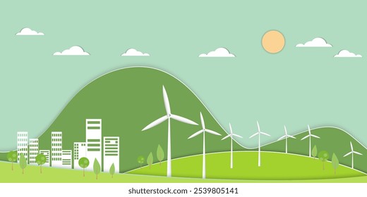 Green ecology city and alternative renewable energy.Paper art Vector illustration. ESG  environmental social  Concept