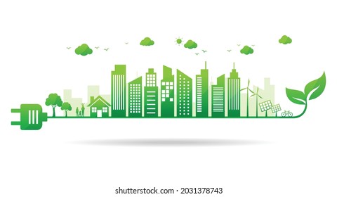 green ecology city energy plug power. city environmental sustainable. eco friendly. save nature and world concept. isolated on white background. vector illustration in flat style modern design. 