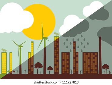 Green ecology city illustration against pollution concept background vector