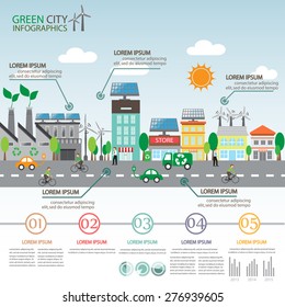 green ecology city infographics background and elements. solar cell and wind energy. eco friendly concept. for layout, banner, web design, time line, brochure template. vector illustration