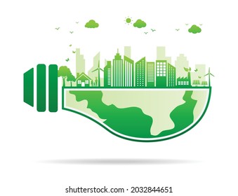 green ecology city and light bulb. save energy and environment concept. earth eco and forest sustainable. isolated on white background. vector illustration in flat style modern design. 