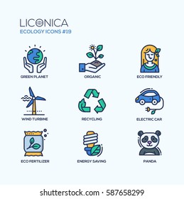 Green Ecology - colored vector modern single line icons set. Earth, organic plant, eco friendly hippie, wind turbine, recycling, electric car, fertilizer, energy saving light bulb, panda