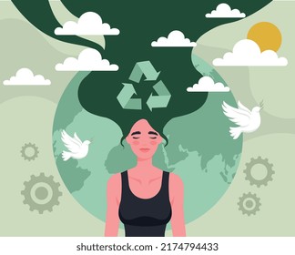 Green ecology concept. Metaphor for recycling and conscious person who cares about planet. Motivational poster or banner for environmental protection and nature. Cartoon flat vector illustration