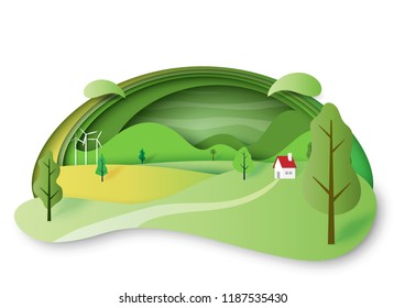Green ecology concept and nature landscape scenery with house and mountains paper cut abstract background.Vector illustration.