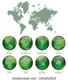 Green Ecology Dotted Map and Globe of the World - Save Planet - Continents - America Europe Asia Africa Australia - Vector eps design illustration