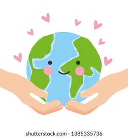 Green ecology earth world smiling cartoon with hearts and supporting hands vector digital image illustration