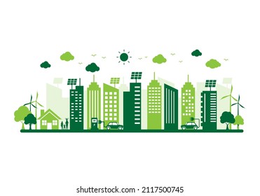 green ecology and energy city with nature background. save the world and energy concept. environment and sustainable. vector illustration in flat style modern design. 