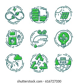 Green ecology energy conservation icons and outline style ecological world power vector illustration.