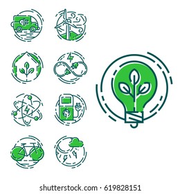 Green ecology energy conservation icons and outline style ecological world power vector illustration.