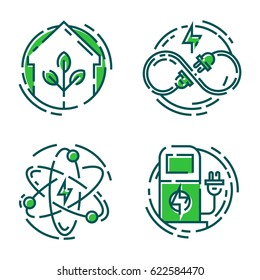Green ecology energy conservation icons and outline style ecological world power vector illustration.