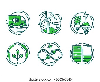 Green ecology energy conservation icons and outline style ecological world power vector illustration.