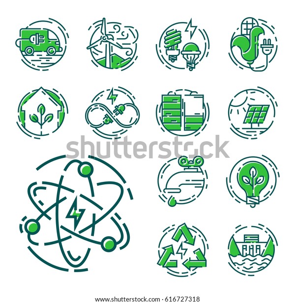 Green ecology energy\
conservation icons and outline style ecological world power vector\
illustration.