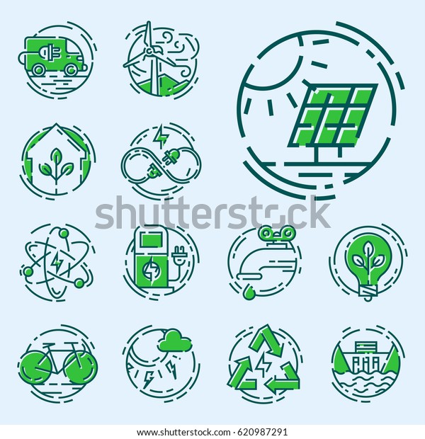 Green ecology energy\
conservation icons and outline style ecological world power vector\
illustration.