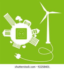 Green ecology energy planet vector concept with socket, plug and wind generator for poster