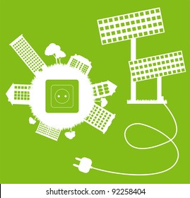 Green ecology energy planet vector concept with socket, plug and solar panels for poster