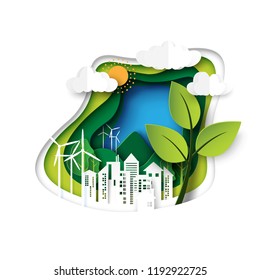 Green ecology and environment concept with urban city and nature landscape paper cut abstract background.Vector illustration.