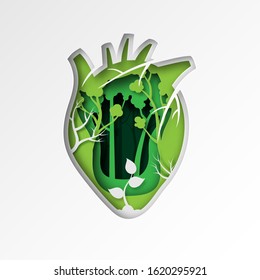 Green ecology and environment conservation sustainable resource.Paper art of green heart shape with trees and forest vector illustration.