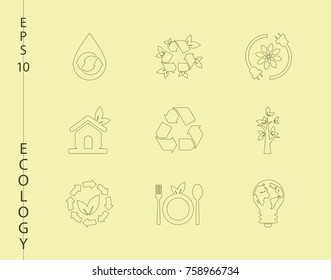 Green, Ecology and environment icon set in vector format. 9 icons in thin line sets