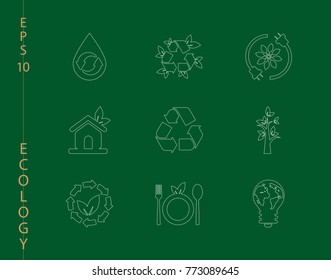 Green, Ecology and environment icon set in vector format. 9 icons in thin line sets